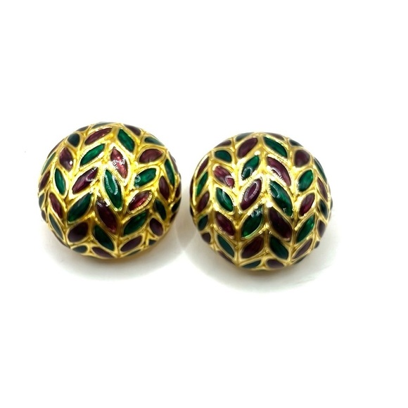 Elegant Gold and Multicolor Leaf Enamel Round Clip on Earrings 1980’s - Picture 1 of 9